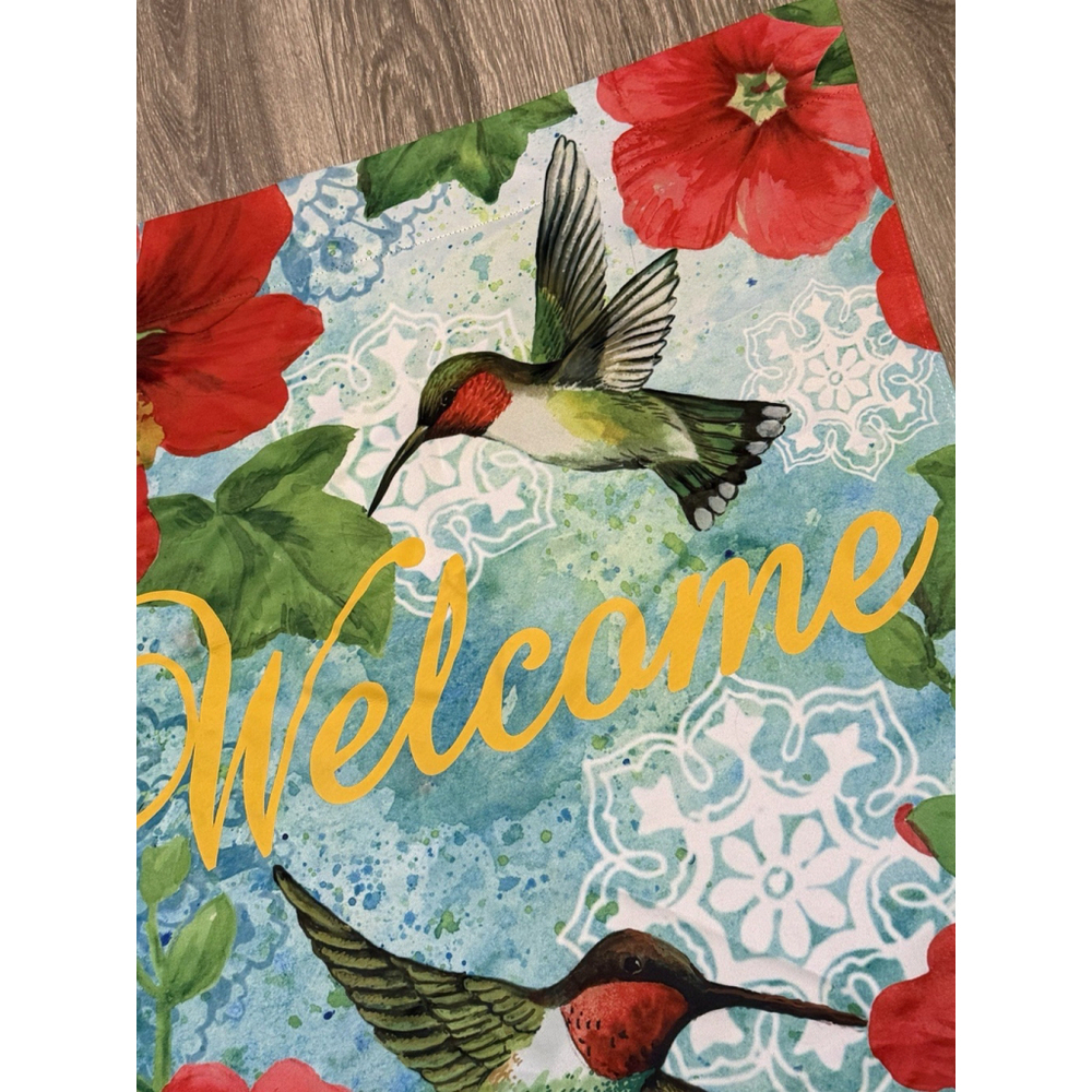 Elena Vladykina 2015 Hummingbird Flower Welcome House & Garden Flag 29x43 Fabric - Picture 2 of 7